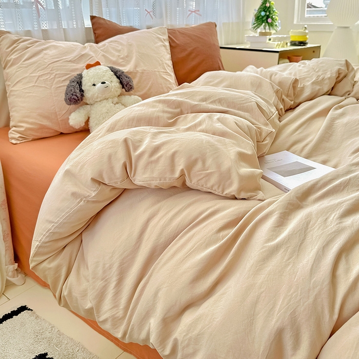 91家纺网 家纺一手货源 找家纺 繁花家居 2025新款高克重撞色水洗棉四件套 摩卡