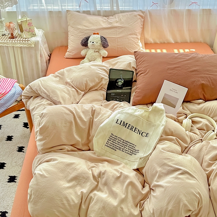 91家纺网 家纺一手货源 找家纺 繁花家居 2025新款高克重撞色水洗棉四件套 摩卡