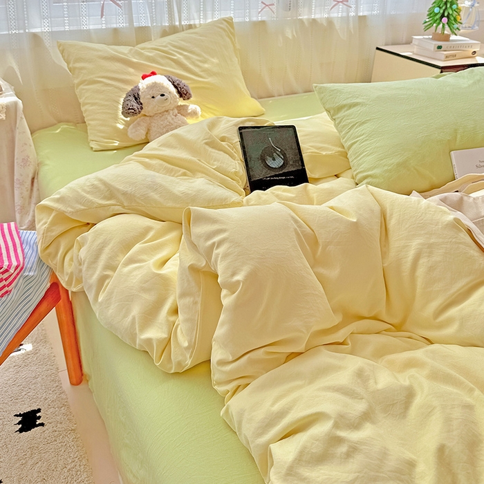 繁花家居 2025新款高克重撞色水洗棉四件套 抹茶黄