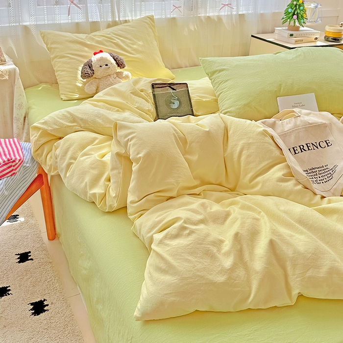 91家纺网 家纺一手货源 找家纺 繁花家居 2025新款高克重撞色水洗棉四件套 抹茶黄