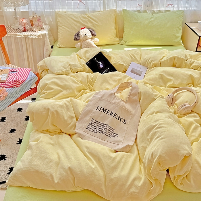 91家纺网 家纺一手货源 找家纺 繁花家居 2025新款高克重撞色水洗棉四件套 抹茶黄