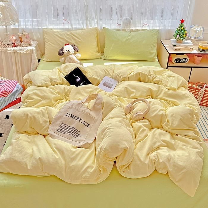 91家纺网 家纺一手货源 找家纺 繁花家居 2025新款高克重撞色水洗棉四件套 抹茶黄