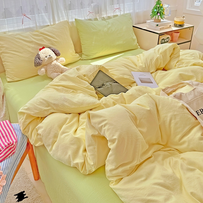 91家纺网 家纺一手货源 找家纺 繁花家居 2025新款高克重撞色水洗棉四件套 抹茶黄