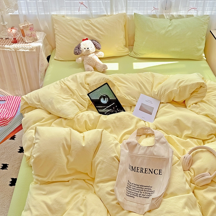 91家纺网 家纺一手货源 找家纺 繁花家居 2025新款高克重撞色水洗棉四件套 抹茶黄