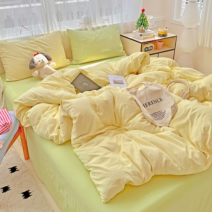 91家纺网 家纺一手货源 找家纺 繁花家居 2025新款高克重撞色水洗棉四件套 抹茶黄