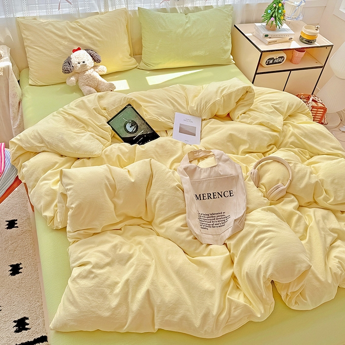 91家纺网 家纺一手货源 找家纺 繁花家居 2025新款高克重撞色水洗棉四件套 抹茶黄