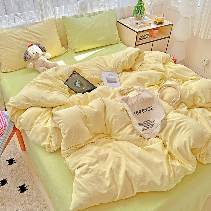 91家纺网 家纺一手货源 找家纺 繁花家居 2025新款高克重撞色水洗棉四件套 抹茶黄