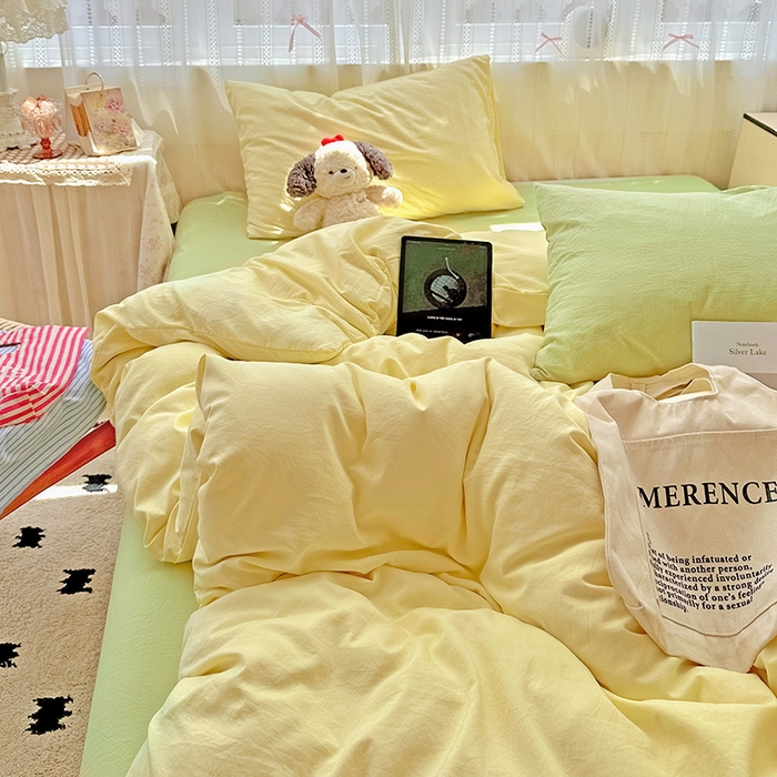 91家纺网 家纺一手货源 找家纺 繁花家居 2025新款高克重撞色水洗棉四件套 抹茶黄