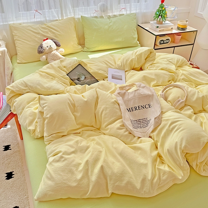 91家纺网 家纺一手货源 找家纺 繁花家居 2025新款高克重撞色水洗棉四件套 抹茶黄