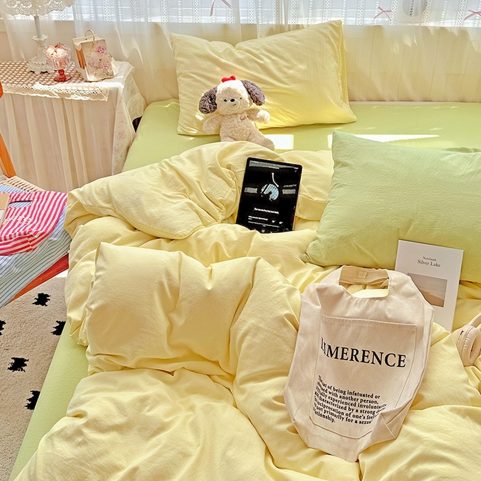 91家纺网 家纺一手货源 找家纺 繁花家居 2025新款高克重撞色水洗棉四件套 抹茶黄