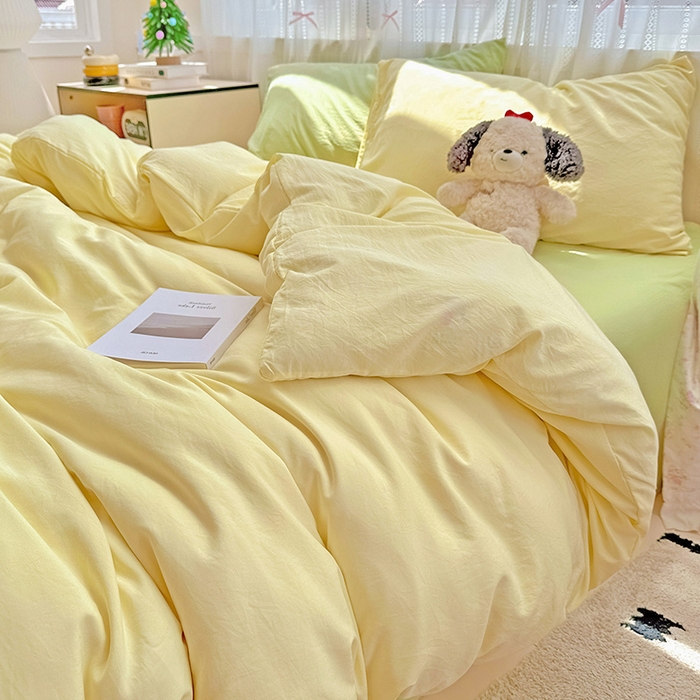 91家纺网 家纺一手货源 找家纺 繁花家居 2025新款高克重撞色水洗棉四件套 抹茶黄