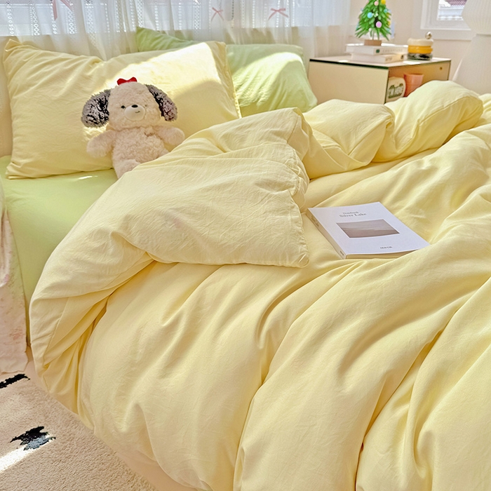 91家纺网 家纺一手货源 找家纺 繁花家居 2025新款高克重撞色水洗棉四件套 抹茶黄