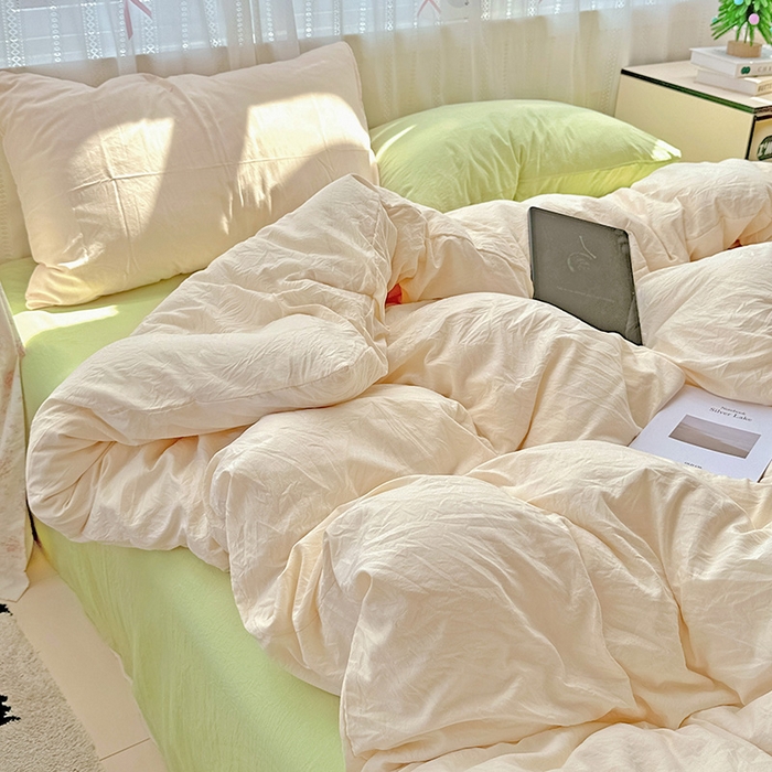 91家纺网 家纺一手货源 找家纺 繁花家居 2025新款高克重撞色水洗棉四件套 抹茶可可白