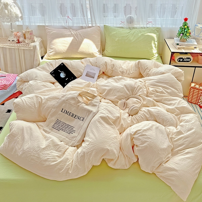 91家纺网 家纺一手货源 找家纺 繁花家居 2025新款高克重撞色水洗棉四件套 抹茶可可白