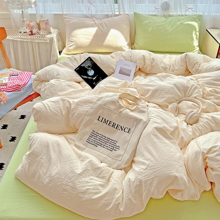 91家纺网 家纺一手货源 找家纺 繁花家居 2025新款高克重撞色水洗棉四件套 抹茶可可白