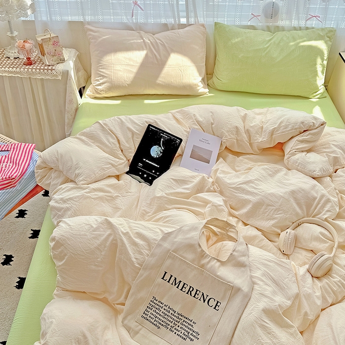 91家纺网 家纺一手货源 找家纺 繁花家居 2025新款高克重撞色水洗棉四件套 抹茶可可白