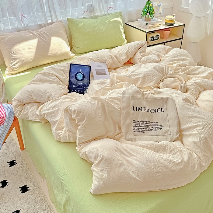 91家纺网 家纺一手货源 找家纺 繁花家居 2025新款高克重撞色水洗棉四件套 抹茶可可白