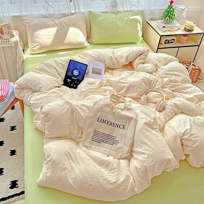 91家纺网 家纺一手货源 找家纺 繁花家居 2025新款高克重撞色水洗棉四件套 抹茶可可白