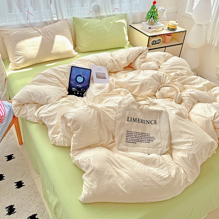 91家纺网 家纺一手货源 找家纺 繁花家居 2025新款高克重撞色水洗棉四件套 抹茶可可白