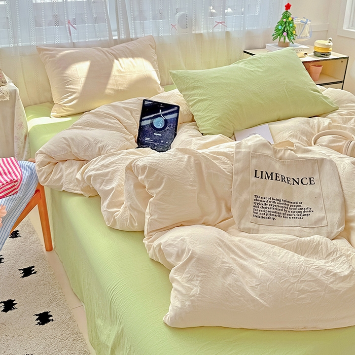 91家纺网 家纺一手货源 找家纺 繁花家居 2025新款高克重撞色水洗棉四件套 抹茶可可白