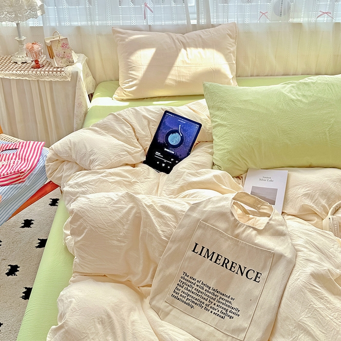 91家纺网 家纺一手货源 找家纺 繁花家居 2025新款高克重撞色水洗棉四件套 抹茶可可白