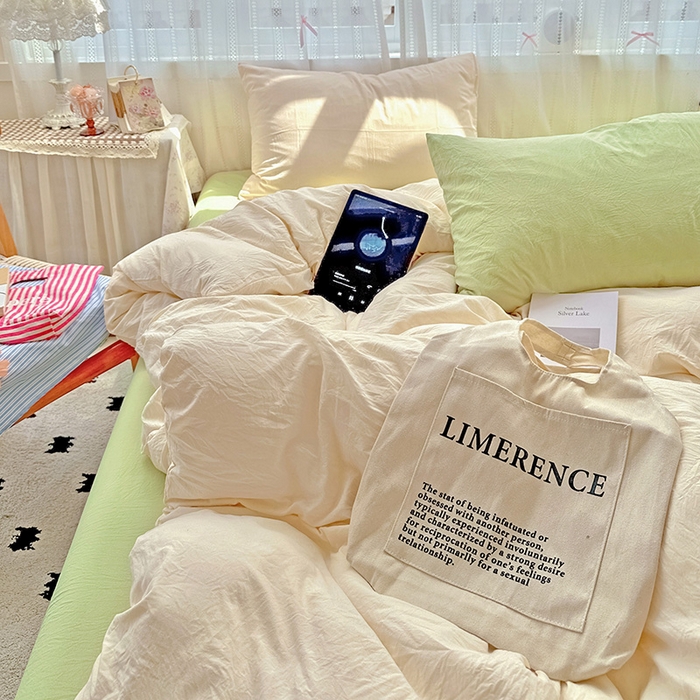 91家纺网 家纺一手货源 找家纺 繁花家居 2025新款高克重撞色水洗棉四件套 抹茶可可白