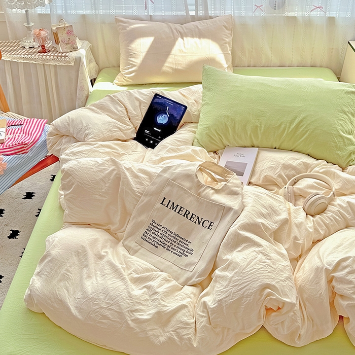 91家纺网 家纺一手货源 找家纺 繁花家居 2025新款高克重撞色水洗棉四件套 抹茶可可白