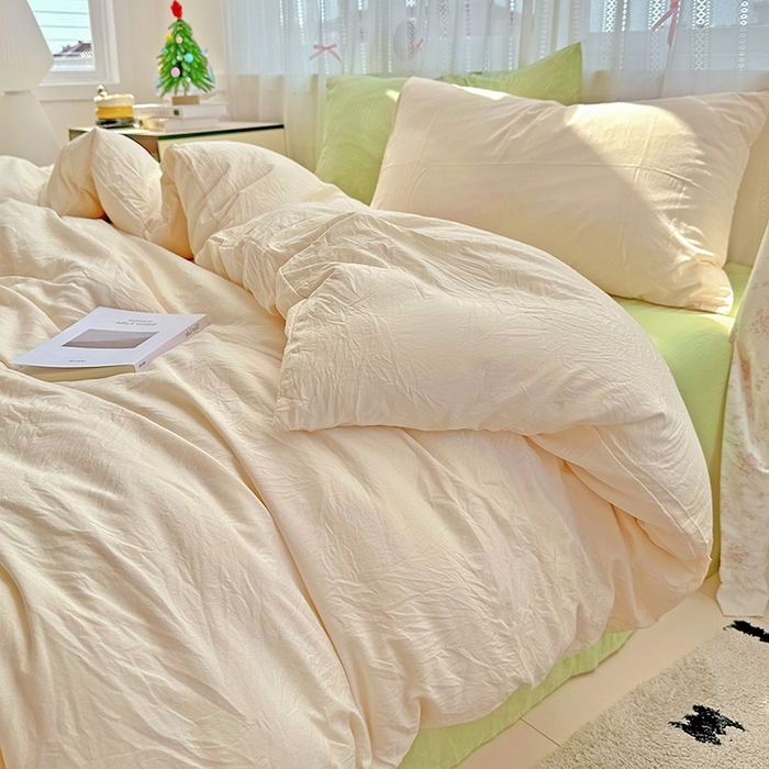 91家纺网 家纺一手货源 找家纺 繁花家居 2025新款高克重撞色水洗棉四件套 抹茶可可白