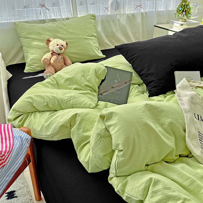繁花家居 2025新款高克重撞色水洗棉四件套 抹茶酷黑
