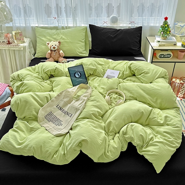 91家纺网 家纺一手货源 找家纺 繁花家居 2025新款高克重撞色水洗棉四件套 抹茶酷黑