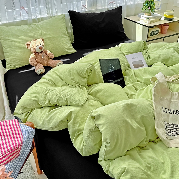 91家纺网 家纺一手货源 找家纺 繁花家居 2025新款高克重撞色水洗棉四件套 抹茶酷黑