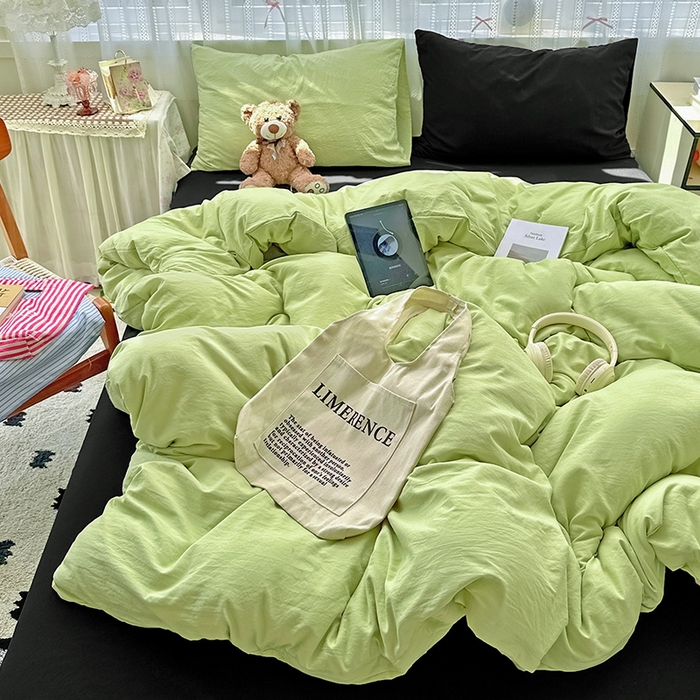 91家纺网 家纺一手货源 找家纺 繁花家居 2025新款高克重撞色水洗棉四件套 抹茶酷黑