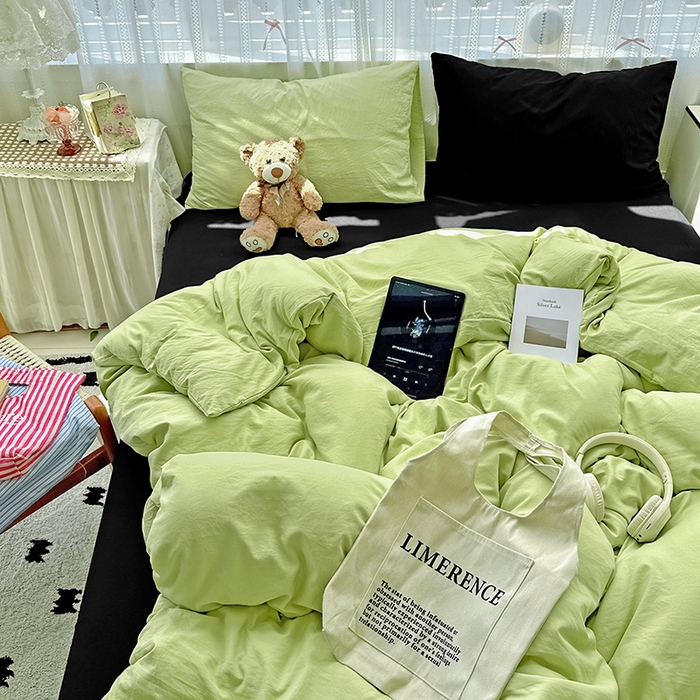 91家纺网 家纺一手货源 找家纺 繁花家居 2025新款高克重撞色水洗棉四件套 抹茶酷黑