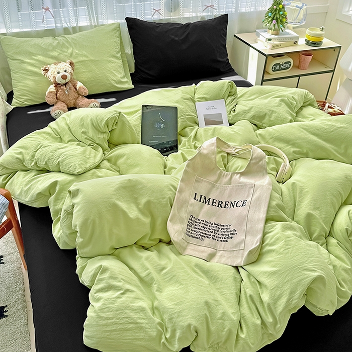 91家纺网 家纺一手货源 找家纺 繁花家居 2025新款高克重撞色水洗棉四件套 抹茶酷黑