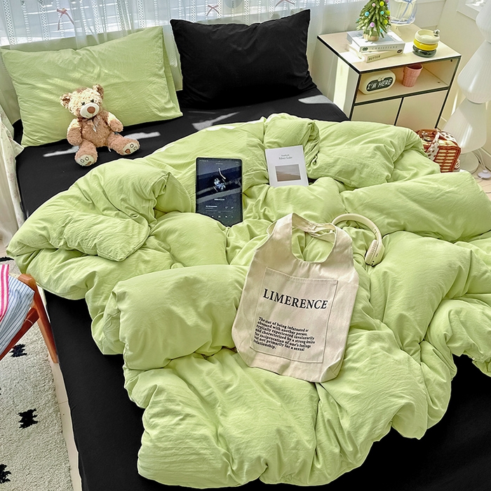 91家纺网 家纺一手货源 找家纺 繁花家居 2025新款高克重撞色水洗棉四件套 抹茶酷黑