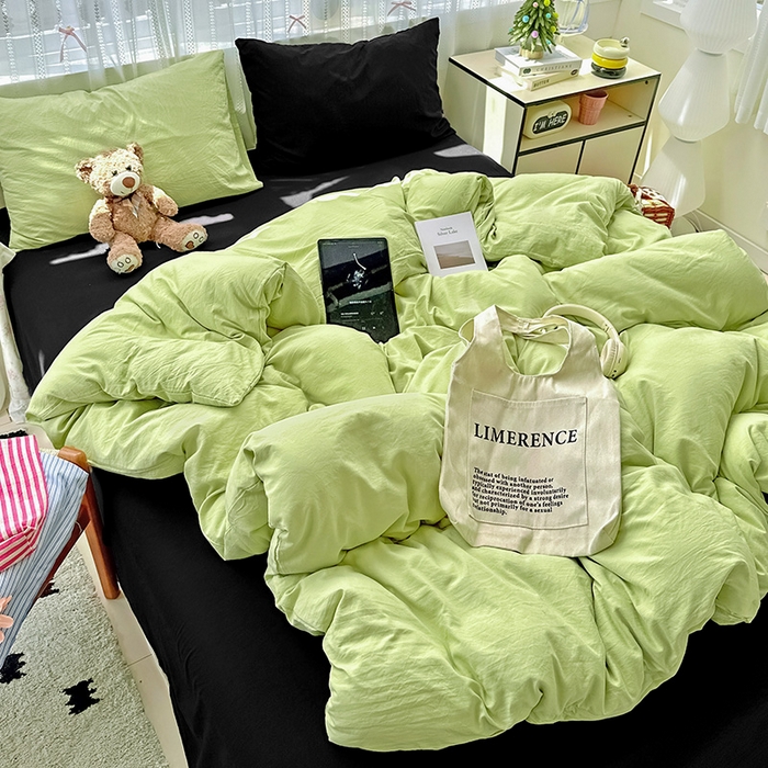 91家纺网 家纺一手货源 找家纺 繁花家居 2025新款高克重撞色水洗棉四件套 抹茶酷黑