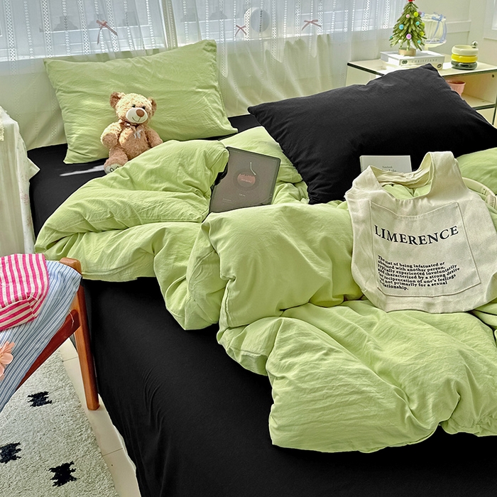 91家纺网 家纺一手货源 找家纺 繁花家居 2025新款高克重撞色水洗棉四件套 抹茶酷黑