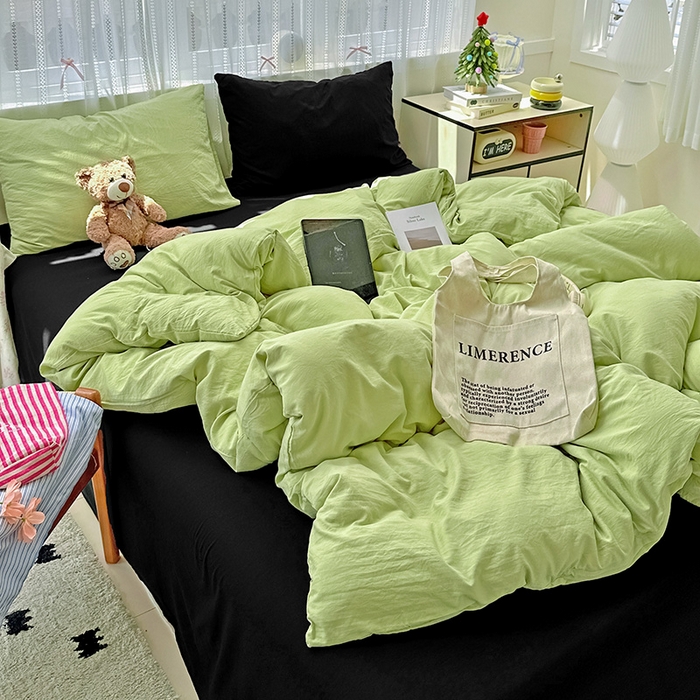 91家纺网 家纺一手货源 找家纺 繁花家居 2025新款高克重撞色水洗棉四件套 抹茶酷黑