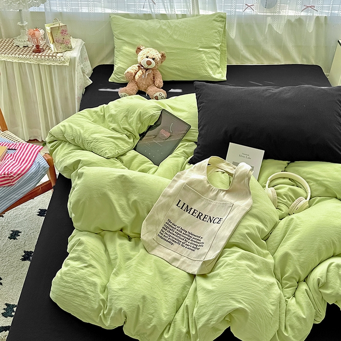 91家纺网 家纺一手货源 找家纺 繁花家居 2025新款高克重撞色水洗棉四件套 抹茶酷黑