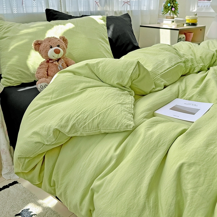 91家纺网 家纺一手货源 找家纺 繁花家居 2025新款高克重撞色水洗棉四件套 抹茶酷黑