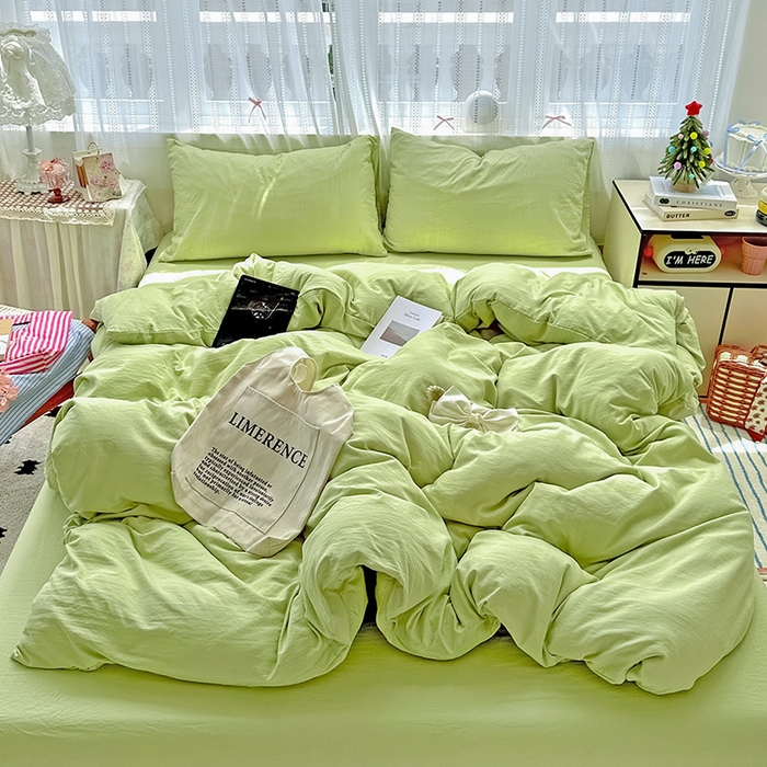 91家纺网 家纺一手货源 找家纺 繁花家居 2025新款高克重撞色水洗棉四件套 抹茶绿