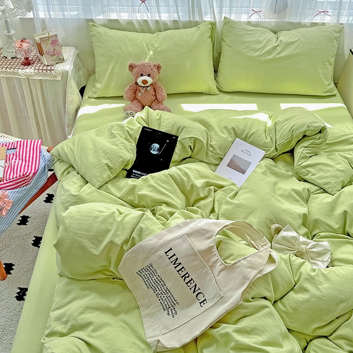 91家纺网 家纺一手货源 找家纺 繁花家居 2025新款高克重撞色水洗棉四件套 抹茶绿