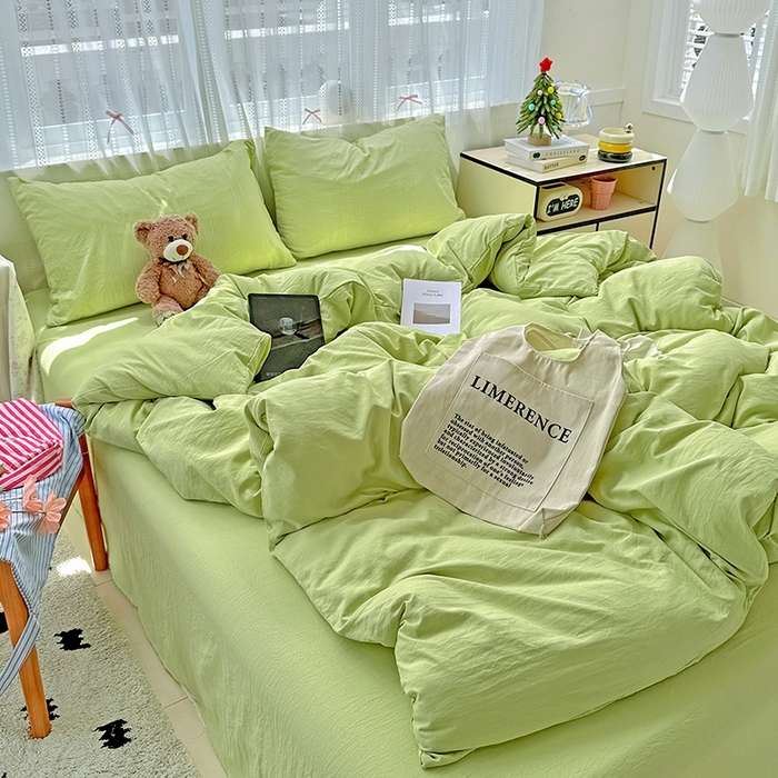 91家纺网 家纺一手货源 找家纺 繁花家居 2025新款高克重撞色水洗棉四件套 抹茶绿