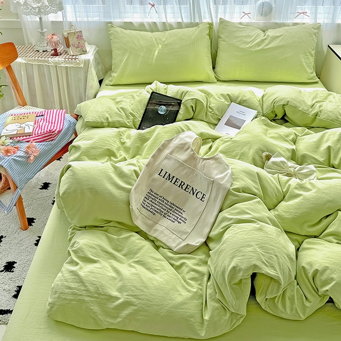 91家纺网 家纺一手货源 找家纺 繁花家居 2025新款高克重撞色水洗棉四件套 抹茶绿
