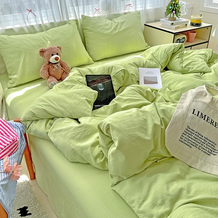 91家纺网 家纺一手货源 找家纺 繁花家居 2025新款高克重撞色水洗棉四件套 抹茶绿