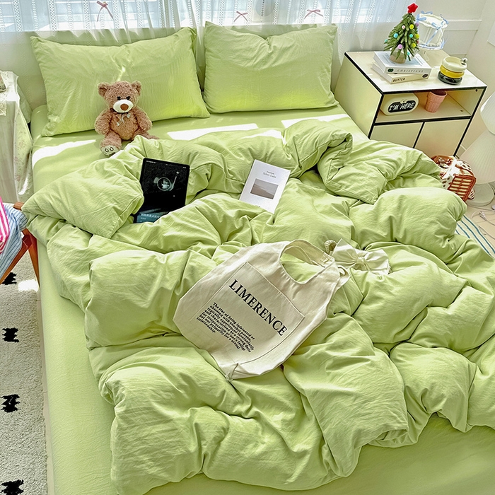 91家纺网 家纺一手货源 找家纺 繁花家居 2025新款高克重撞色水洗棉四件套 抹茶绿