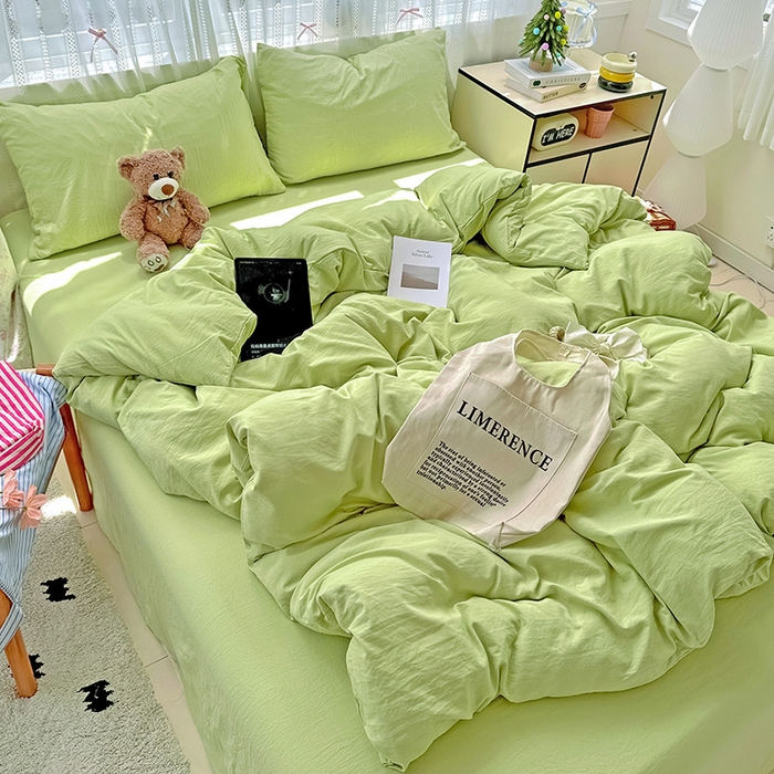 91家纺网 家纺一手货源 找家纺 繁花家居 2025新款高克重撞色水洗棉四件套 抹茶绿