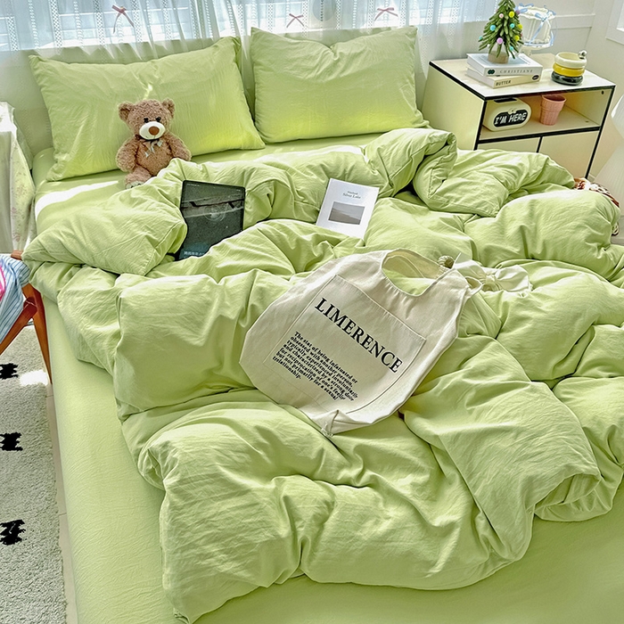 91家纺网 家纺一手货源 找家纺 繁花家居 2025新款高克重撞色水洗棉四件套 抹茶绿