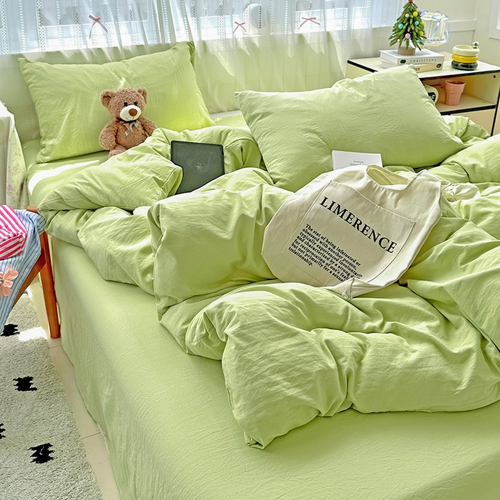 91家纺网 家纺一手货源 找家纺 繁花家居 2025新款高克重撞色水洗棉四件套 抹茶绿