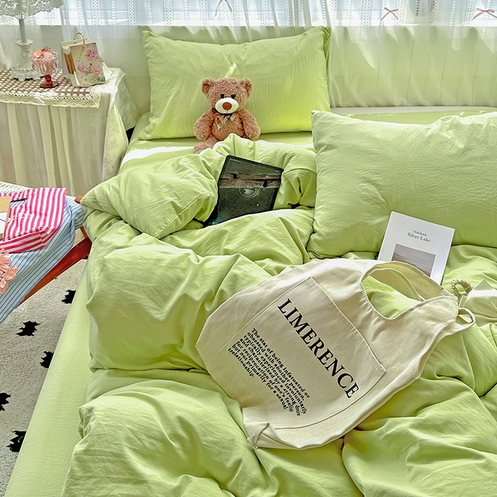 91家纺网 家纺一手货源 找家纺 繁花家居 2025新款高克重撞色水洗棉四件套 抹茶绿